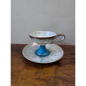 Vintage Royal Halsey Very Fine Lusterware Teacup Saucer Set Iridescent Blue Gold